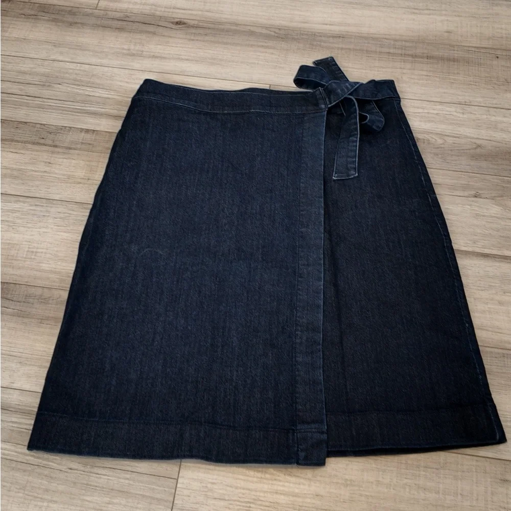 LOFT Dark Blue Denim Wrap Skirt 14 High Waist Jean Skirt Workplace Office Fall - Picture 5 of 11